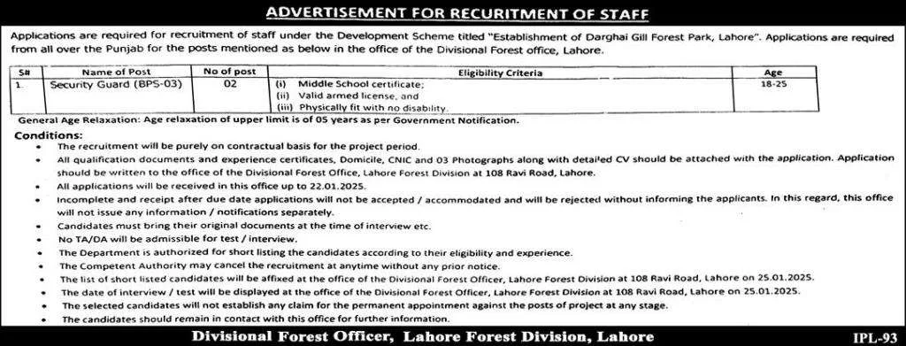 Forest Department Lahore Jobs 2025 Advertisement